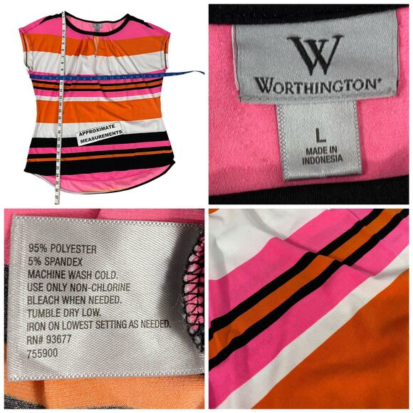 Worthington Top Womens Large Shirt Stripe Orange Pink Work Office Career Coastal - Picture 2 of 14